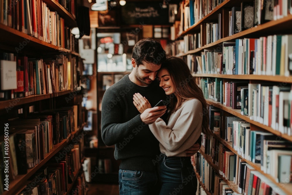 A young couple embraces and smiles while looking at a phone in a cozy, warmly lit bookstore aisle, surrounded by shelves filled with books, creating a romantic moment. A young couple embraces and smiles while looking at a phone in a cozy, warmly lit bookstore aisle, surrounded by shelves filled with books, creating a romantic moment.