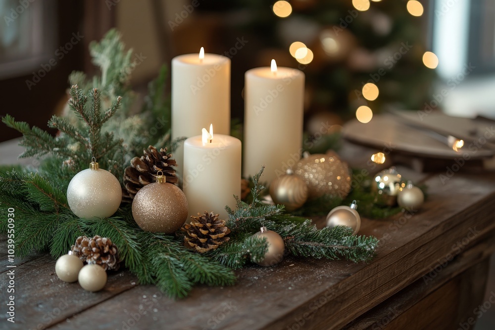A decorative holiday setup featuring glowing candles nestled within lush pine branches and gold ornaments, creating a warm and inviting atmosphere. A decorative holiday setup featuring glowing candles nestled within lush pine branches and gold ornaments, creating a warm and inviting atmosphere.