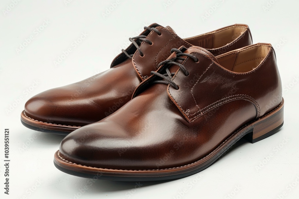 Pair of brown leather shoes is standing on a white background, showcasing their elegant design and craftsmanship Pair of brown leather shoes is standing on a white background, showcasing their elegant design and craftsmanship