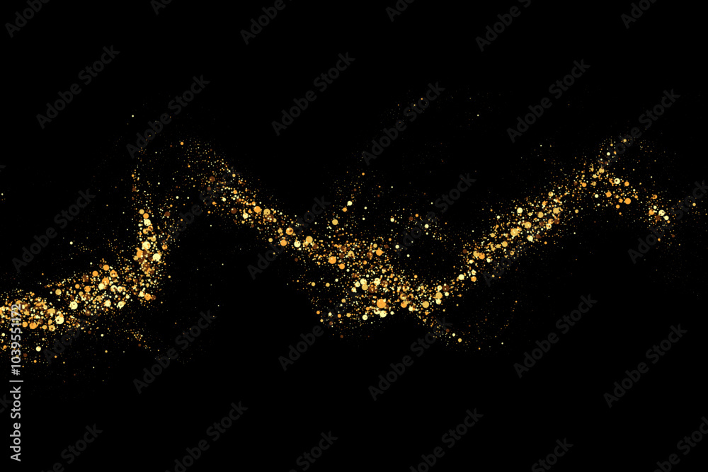 Fototapeta premium Texture of gold glitter, on a black background. Abstract golden color particles, confetti glitter explosion. Festive background.