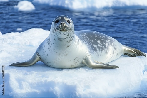 The seal lies comfortably on bright snow, its curious expression captured against a backdrop of endless, icy waters, exemplifying nature's raw tranquility. photo