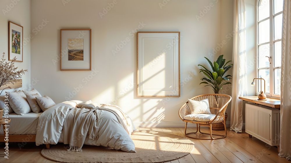 Fototapeta premium Interior of a modern bedroom with a large window. 3d render