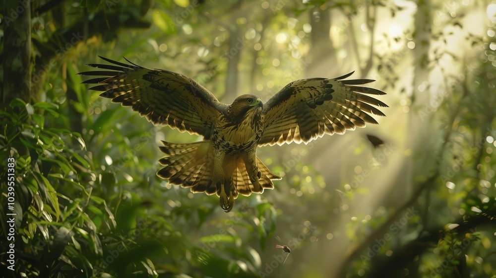 Obraz premium Hawk Swooping Through Dense Forest Environment