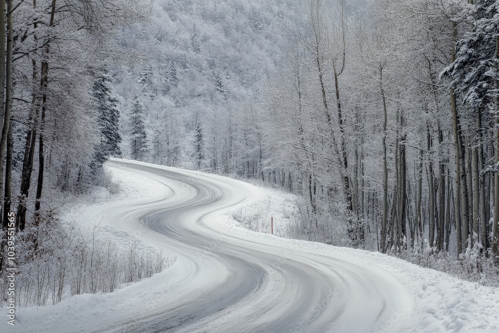 A snowy road curves gently amidst bare trees of a winter woodland, creating a tranquil and pristine scene that highlights the beauty of the cold season. A snowy road curves gently amidst bare trees of a winter woodland, creating a tranquil and pristine scene that highlights the beauty of the cold season.