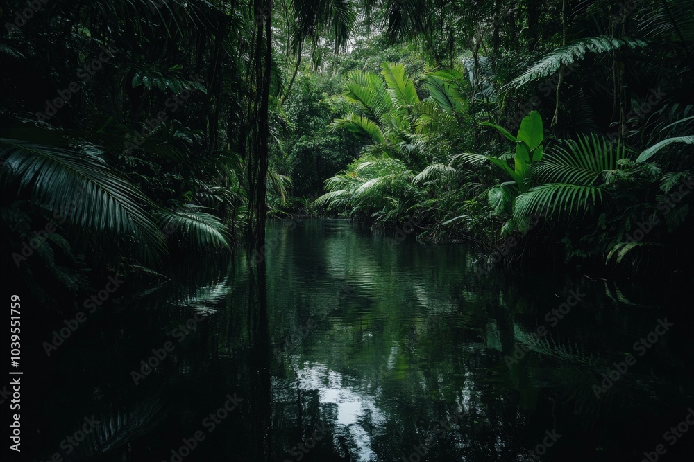 A dense jungle river with lush green plants and trees reflecting perfectly on the calm water, creating a tranquil and mysterious natural setting. A dense jungle river with lush green plants and trees reflecting perfectly on the calm water, creating a tranquil and mysterious natural setting.