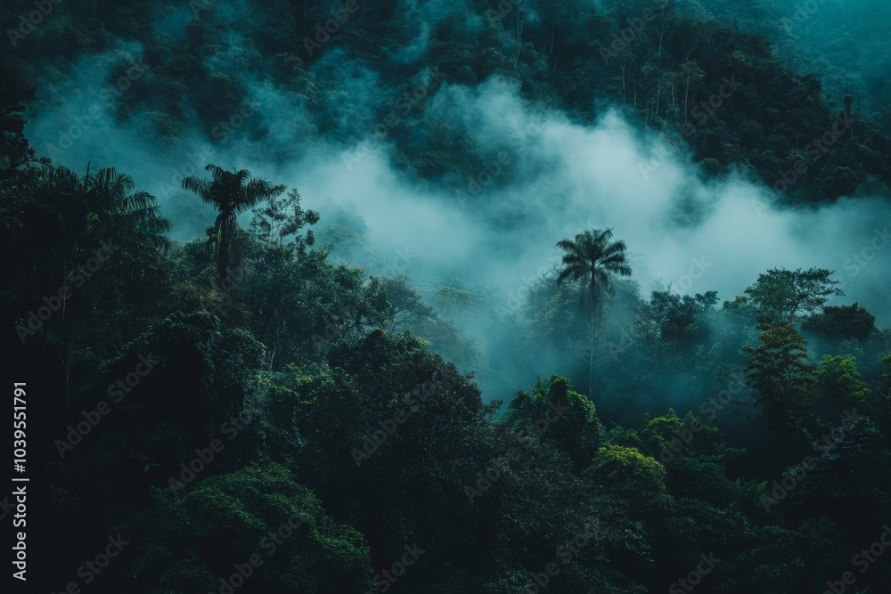 Thick mist envelops the towering trees of a tropical rainforest, creating an ethereal and mysterious atmosphere that invites exploration and a sense of wonder. Thick mist envelops the towering trees of a tropical rainforest, creating an ethereal and mysterious atmosphere that invites exploration and a sense of wonder.