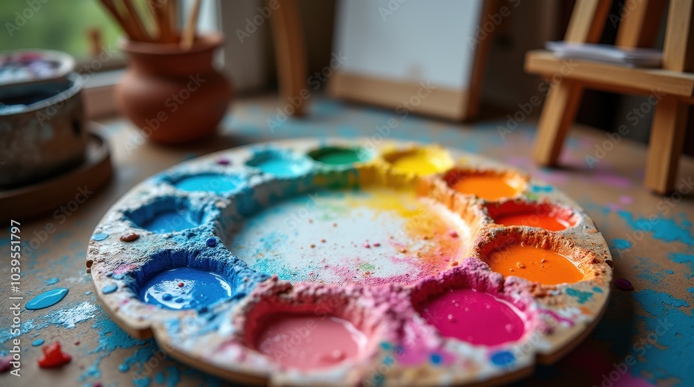 An artist's palette is filled with vibrant paints in bold shades of cobalt blue, bright fuchsia, and sunny yellow. An artist's palette is filled with vibrant paints in bold shades of cobalt blue, bright fuchsia, and sunny yellow.