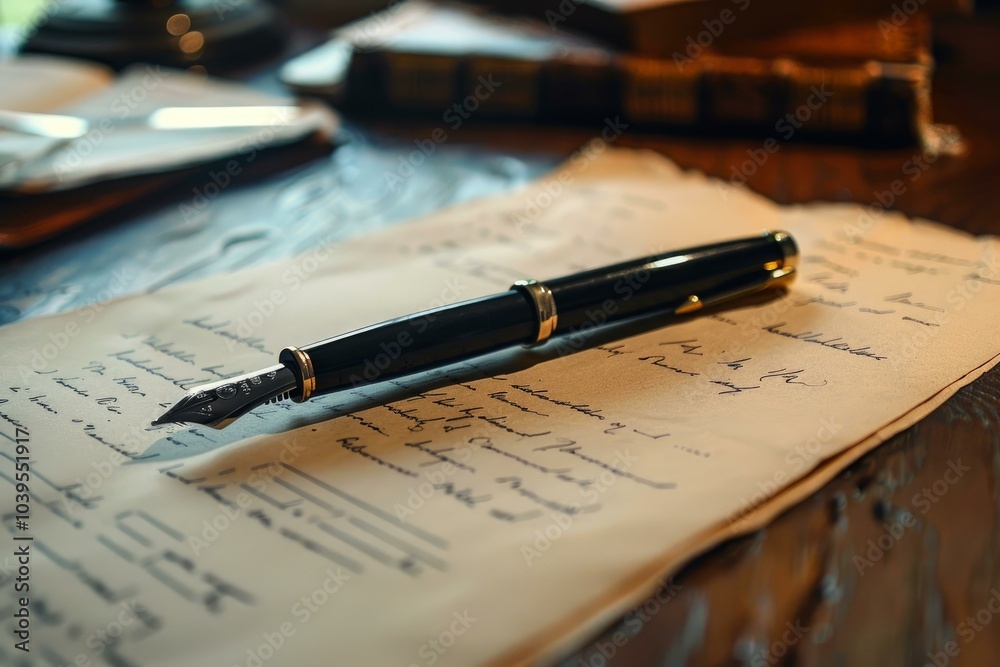 Elegant fountain pen lying on aged paper with handwritten text suggesting an antique desk setting Elegant fountain pen lying on aged paper with handwritten text suggesting an antique desk setting