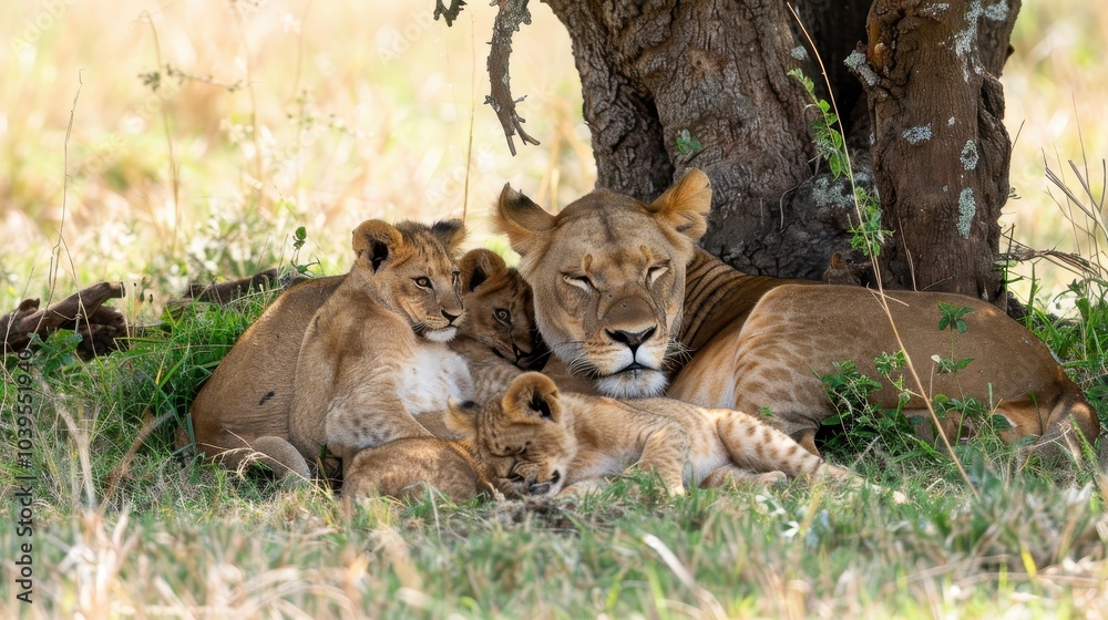 Fototapeta premium Lioness Grooming Cubs in Gentle Shade of Tree