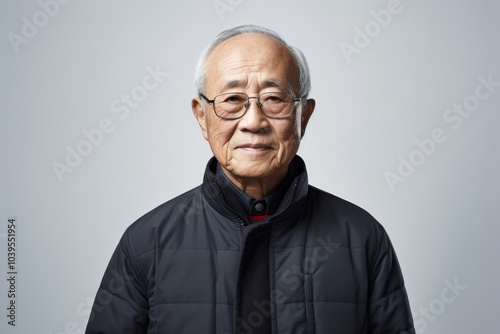 Portrait of a senior asian man in black jacket and glasses against grey background