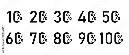 10 to 100 off percentage signs with numbers. Realistic symbol for sale and discounts from 10 - 100 percent, trendy abstraction for your advertising.