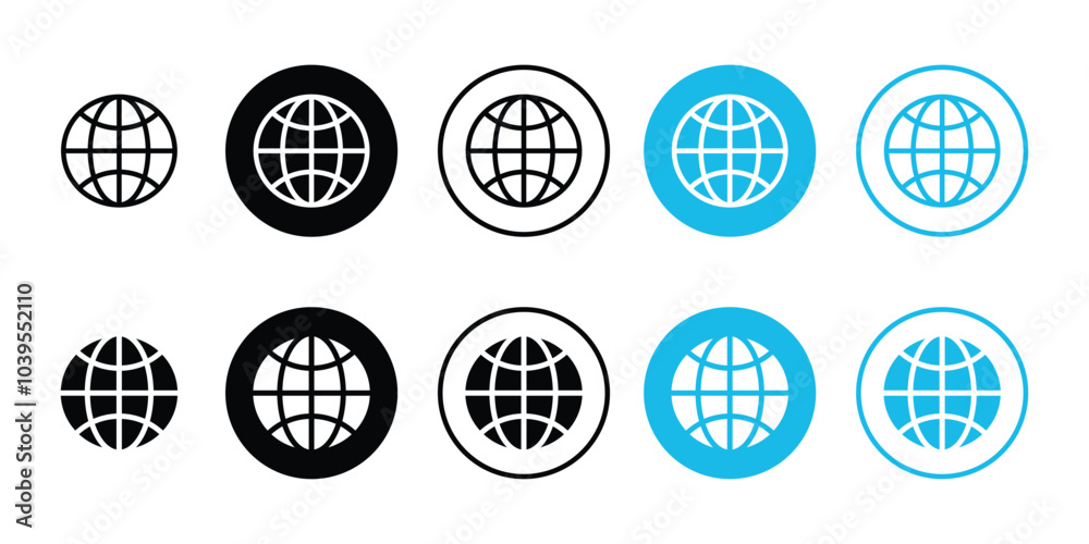 World web icons set. Globes with world maps symbol. Black and white internet globe network stroke lines icons isolated on white background. World web icons set. Globes with world maps symbol. Black and white internet globe network stroke lines icons isolated on white background.