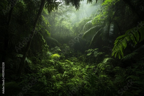 A dense jungle scene with an abundance of ferns and palm leaves, showcasing the vibrant and thriving nature of the rainforest's rich and diverse ecosystem.