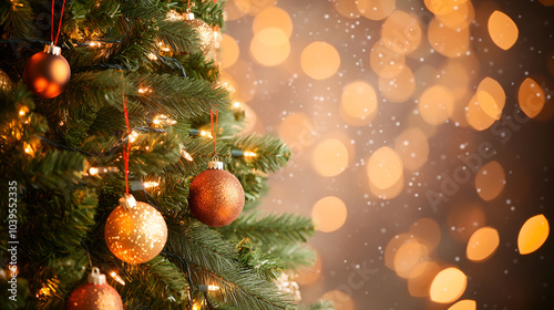 Festive Christmas tree decorated with garlands and lights close-up highlighting cosmic image representing festive mood and joy.