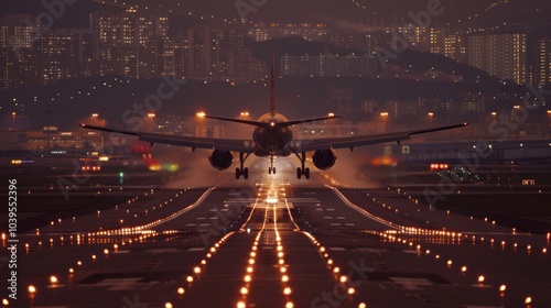 Airplane Landing on Runway at Night with City Skyline in Background
