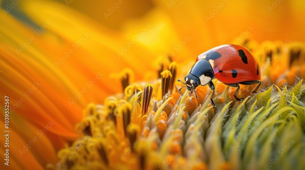 Ladybug on Sunflower Petal in Vibrant Macro Detail Ladybug on Sunflower Petal in Vibrant Macro Detail