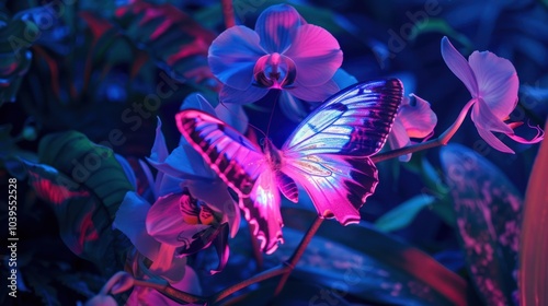 A Butterfly and Orchid Illuminated by Neon Light
