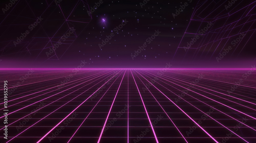 Retrofuturistic Landscape with Glowing Grid and Stars
