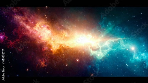Cosmic Nebula with Red, Yellow, and Blue Gaseous Clouds
