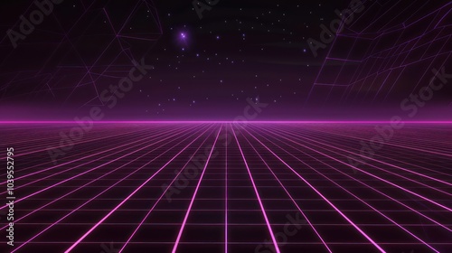 Retrofuturistic Landscape with Glowing Grid and Stars