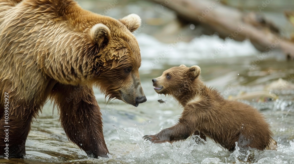 Fototapeta premium Mother Bear Teaching Cub to Fish in Flowing Water