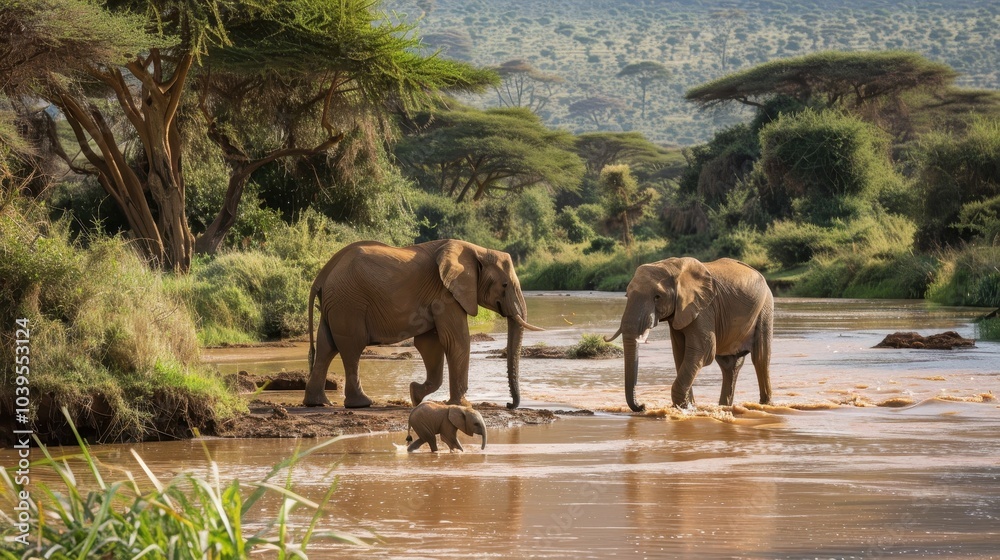Mother Elephant Guiding Calf Across River in Nature Mother Elephant Guiding Calf Across River in Nature