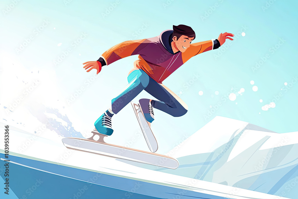 Obraz premium A man ice skating on a frozen lake, leaping in the air with a bright smile.