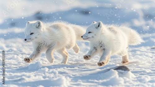 Arctic Fox Cubs Playing in Snowy Landscape