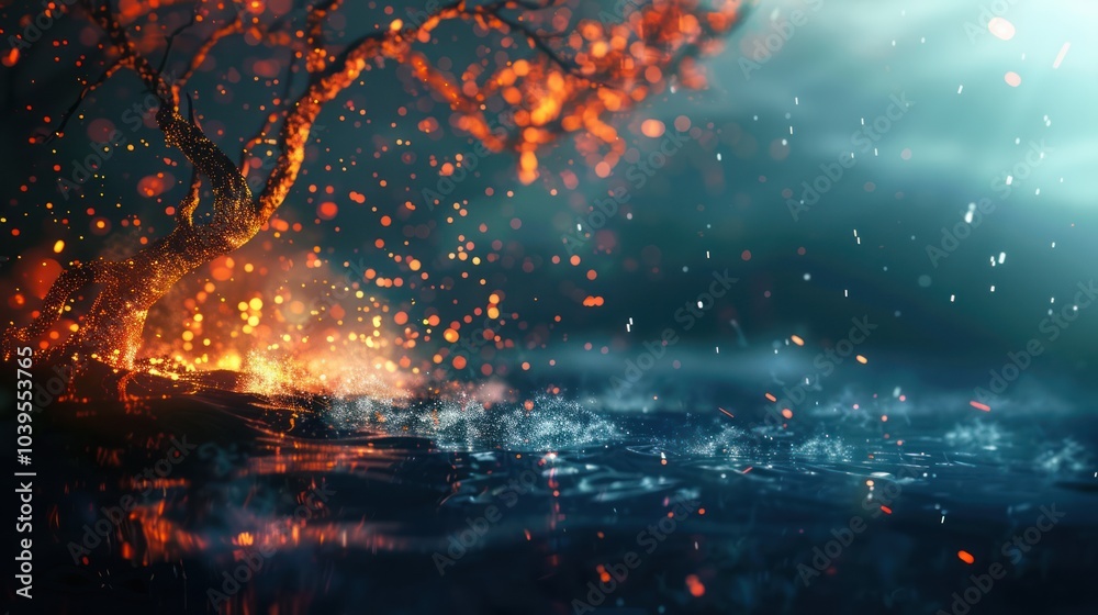 custom made wallpaper toronto digitalMystical Burning Tree by a Watery Surface