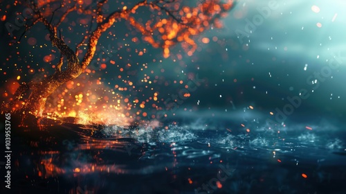 Mystical Burning Tree by a Watery Surface
