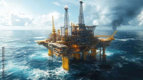 An offshore oil rig in the ocean with equipment and structures.