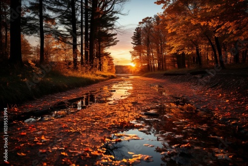 the sun is setting in the distance behind the trees