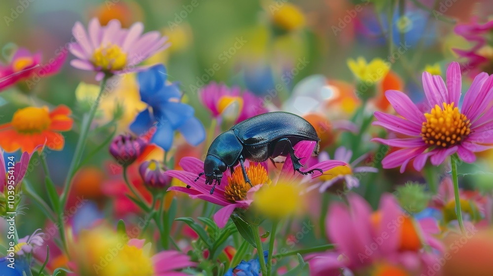 Fototapeta premium Beetle Crawling Over Colorful Flowers
