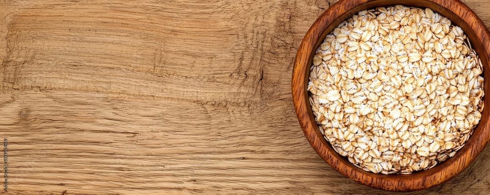 Oats in wooden bowl on rustic table, healthy grain, natural food product.