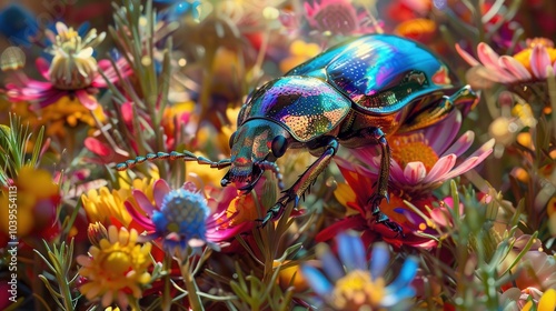 Colorful Beetle Crawling Among Vibrant Flowers