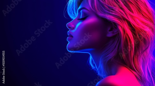  Woman with closed eyes, facing side Neon blue and pink background