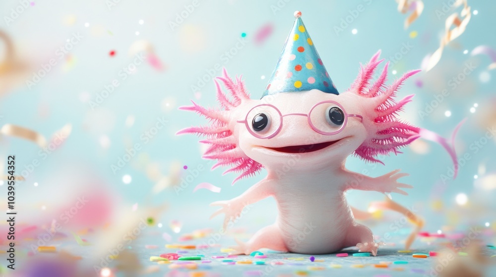 Obraz premium A playful scene featuring an axolotl wearing a tiny party hat and round glasses
