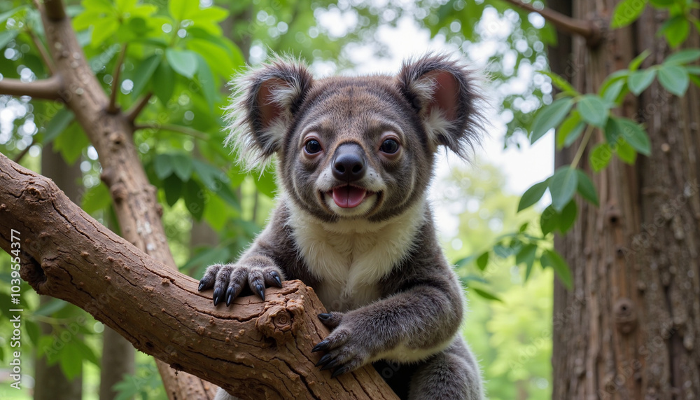 Fototapeta premium Koala Sitting on Tree Branch in Green Forest