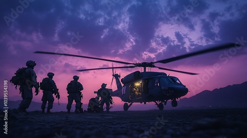 A group of soldiers stand in silhouette against a dramatic purple sunset sky, with a military helicopter in the background. photo