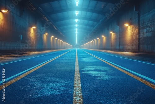 A dimly lit tunnel with glowing blue lines and water reflections at night