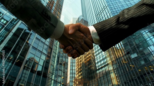 two men shaking hands in front of a tall building