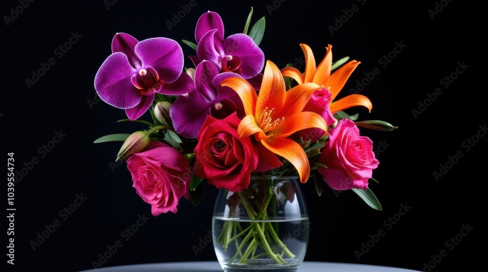 A striking still life arrangement features flowers in a glass vase, showcasing deep purple orchids alongside fiery orange lilies. A striking still life arrangement features flowers in a glass vase, showcasing deep purple orchids alongside fiery orange lilies.