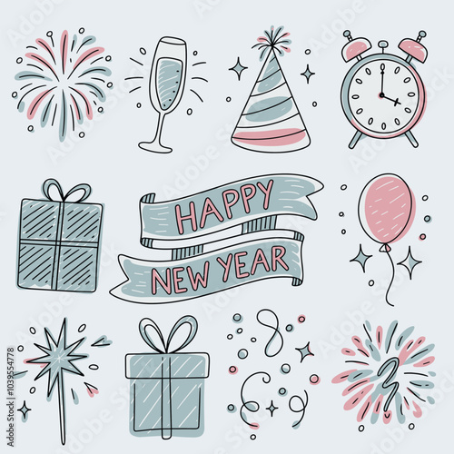 New Year Party Celebration Hand-Drawn Vector Elements