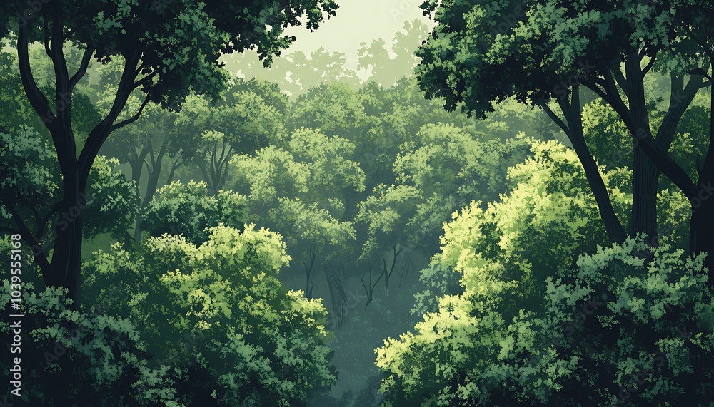 A dense and lush forest landscape filled with a variety of trees, plants, and greenery. This image captures the tranquility and natural beauty of the environment. A dense and lush forest landscape filled with a variety of trees, plants, and greenery. This image captures the tranquility and natural beauty of the environment.