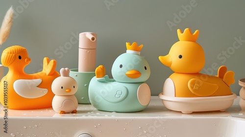 Colorful rubber ducks in various styles and sizes on a soft pastel background.