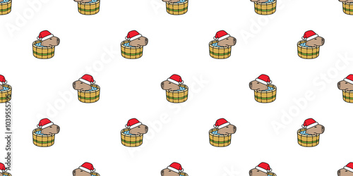 capybara seamless pattern christmas santa claus hat shower bathtub oak barrel vector cartoon doodle animal gift wrapping paper tile background repeat wallpaper illustration scarf isolated design