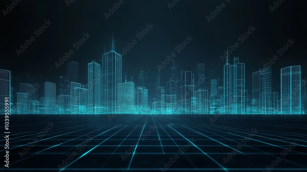 futuristic cityscape with glowing blue grid lines and digital buildings creates high tech atmosphere. skyline is composed of various skyscrapers, suggesting modern urban environment futuristic cityscape with glowing blue grid lines and digital buildings creates high tech atmosphere. skyline is composed of various skyscrapers, suggesting modern urban environment