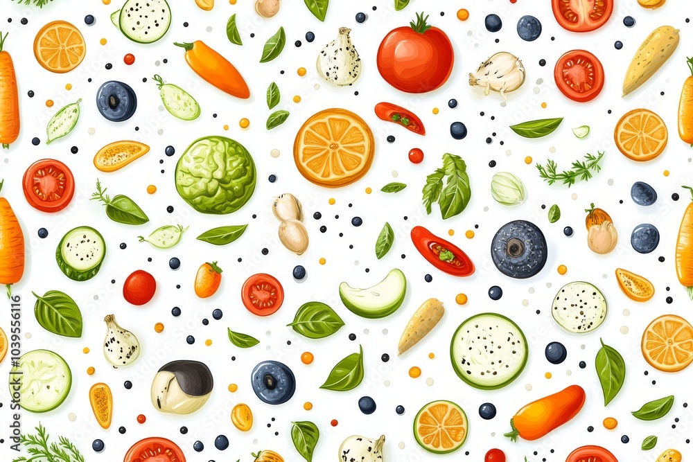 Fresh and vibrant vegetable pattern featuring tomatoes cucumbers and oranges ideal for kitchen decor food packaging or healthy eating campaigns Fresh and vibrant vegetable pattern featuring tomatoes cucumbers and oranges ideal for kitchen decor food packaging or healthy eating campaigns