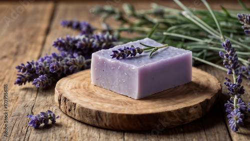 Lavender natural soap handmade near lavender sprigs, skin care cosmetics, eco friendly bar of soap