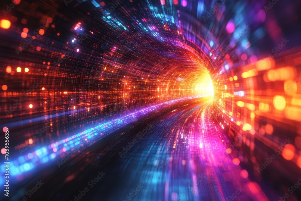 Colorful light tunnel creating a vibrant pathway through a digital landscape at night Colorful light tunnel creating a vibrant pathway through a digital landscape at night